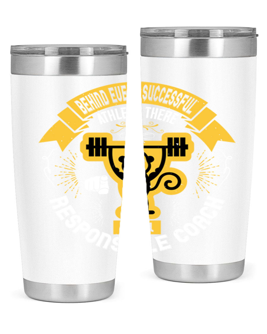 Behind Every Successful Athlete tumbler in stainless steel with a drink-thru lid, showcasing its sleek design and insulation features.