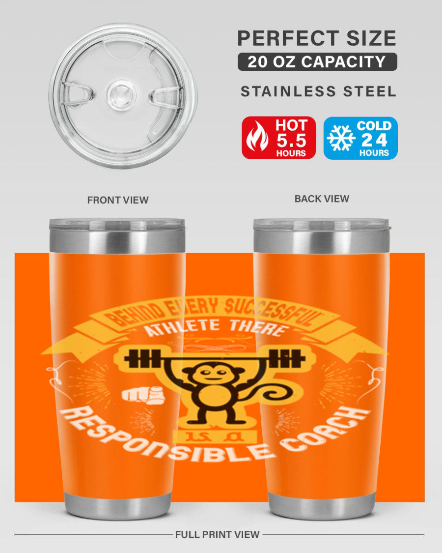 Behind Every Successful Athlete tumbler in stainless steel with a drink-thru lid, showcasing its sleek design and insulation features.