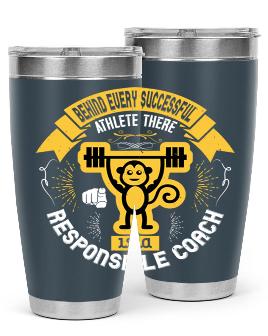 Behind Every Successful Athlete tumbler in stainless steel with a drink-thru lid, showcasing its sleek design and insulation features.