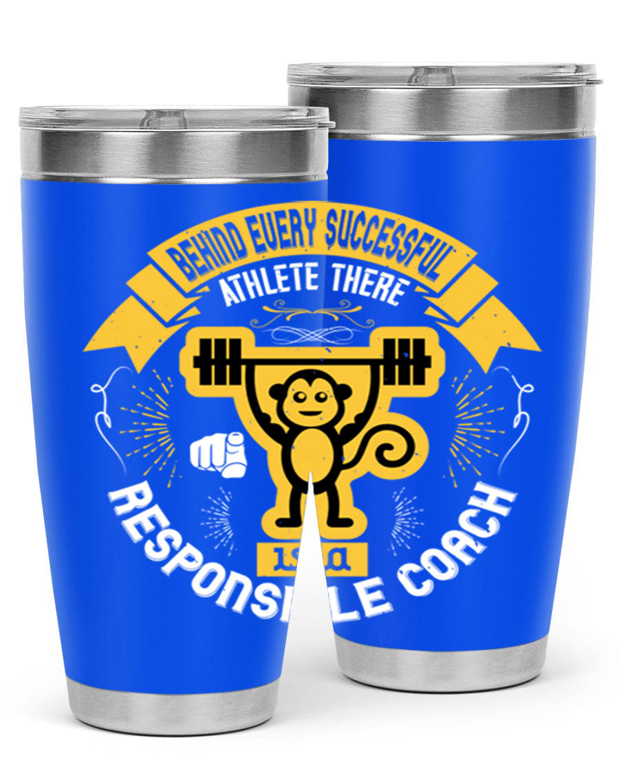 Behind Every Successful Athlete tumbler in stainless steel with a drink-thru lid, showcasing its sleek design and insulation features.