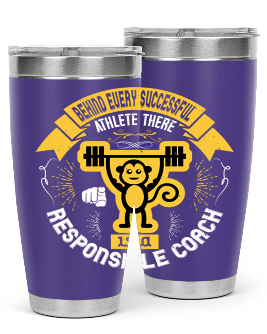 Behind Every Successful Athlete tumbler in stainless steel with a drink-thru lid, showcasing its sleek design and insulation features.