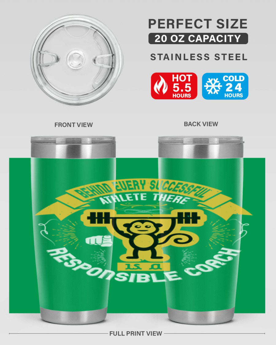 Behind Every Successful Athlete tumbler in stainless steel with a drink-thru lid, showcasing its sleek design and insulation features.