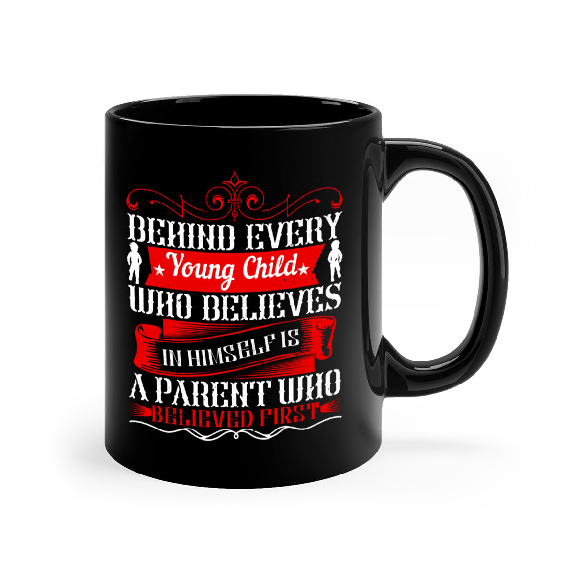 A two-tone ceramic mug featuring an inspiring quote about parenting, available in multiple colors with a glossy finish.