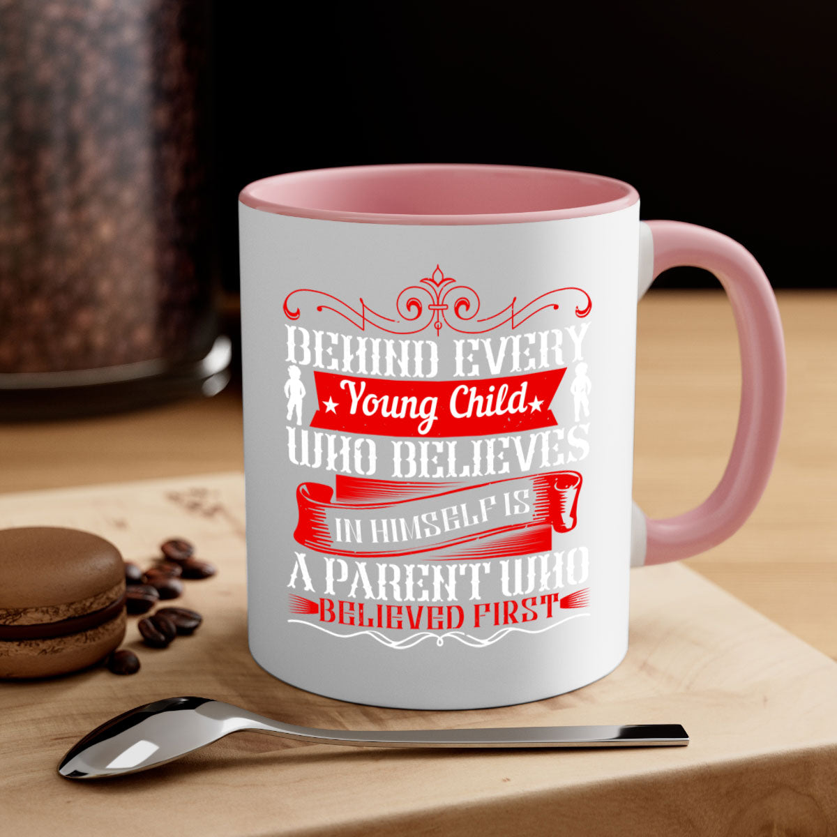 A two-tone ceramic mug featuring an inspiring quote about parenting, available in multiple colors with a glossy finish.