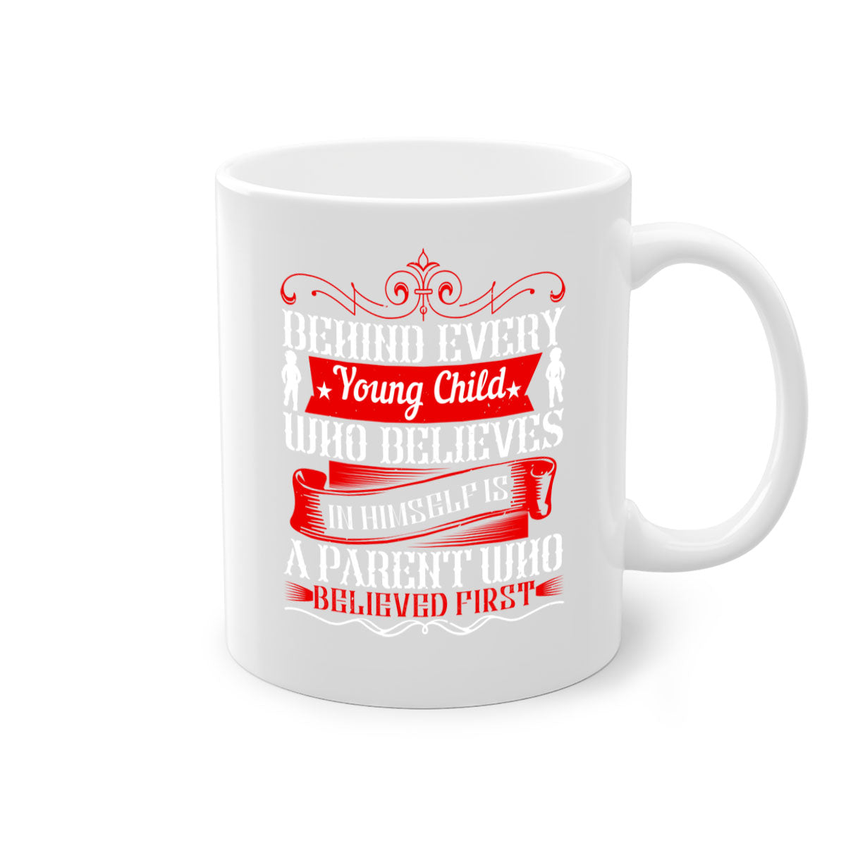 A two-tone ceramic mug featuring an inspiring quote about parenting, available in multiple colors with a glossy finish.