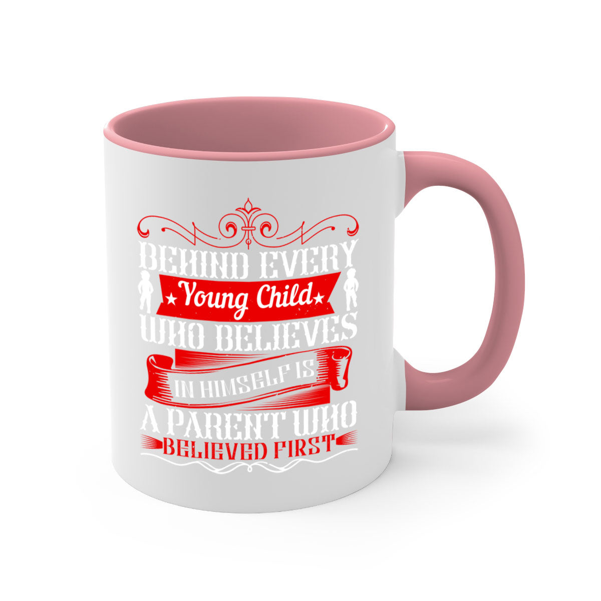 A two-tone ceramic mug featuring an inspiring quote about parenting, available in multiple colors with a glossy finish.