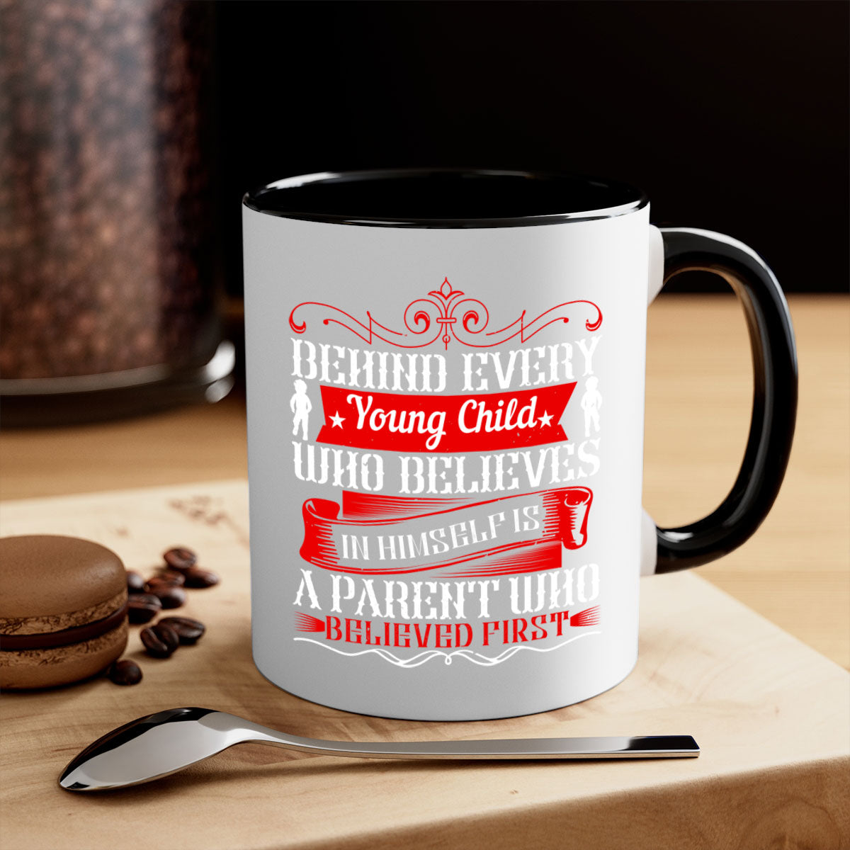 A two-tone ceramic mug featuring an inspiring quote about parenting, available in multiple colors with a glossy finish.