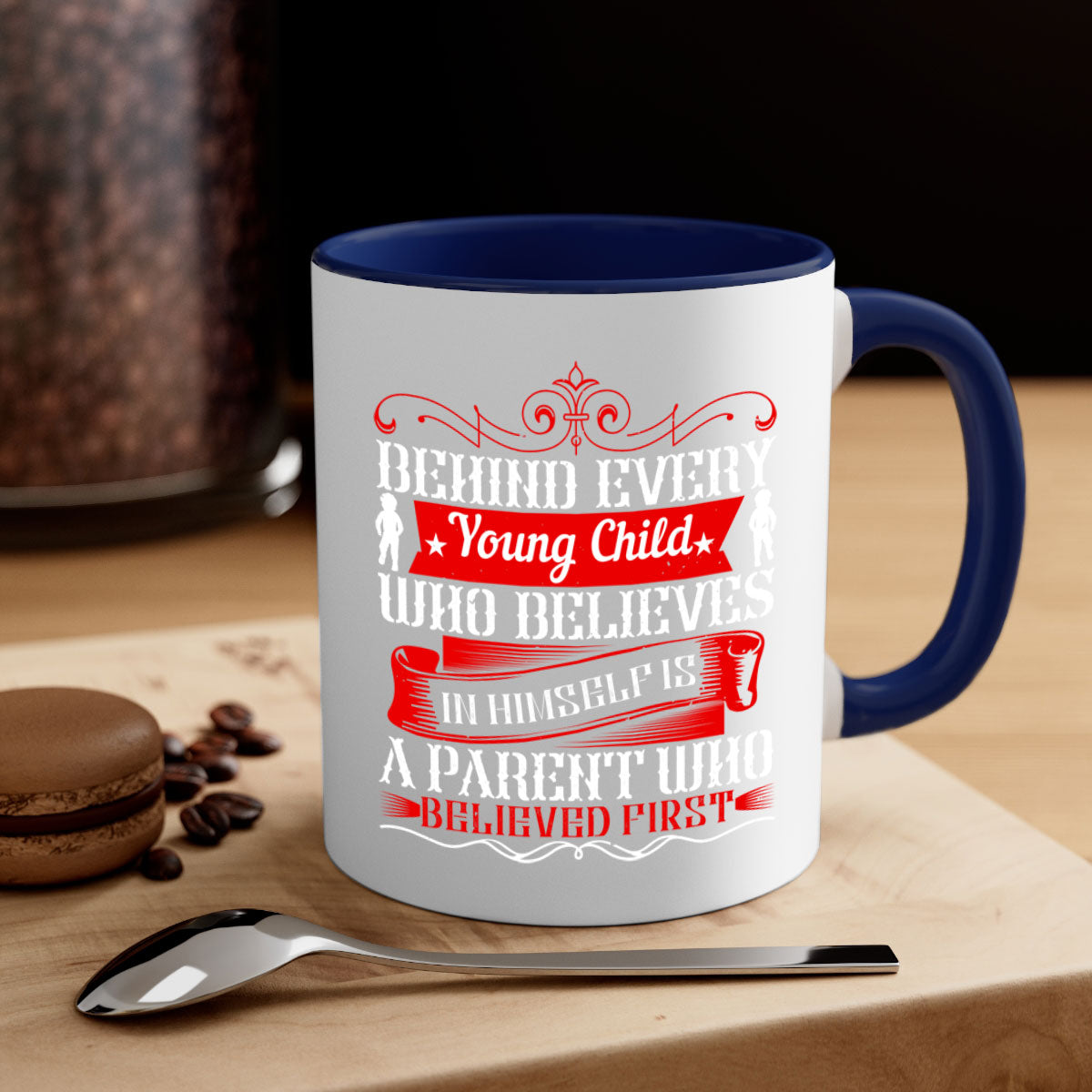 A two-tone ceramic mug featuring an inspiring quote about parenting, available in multiple colors with a glossy finish.