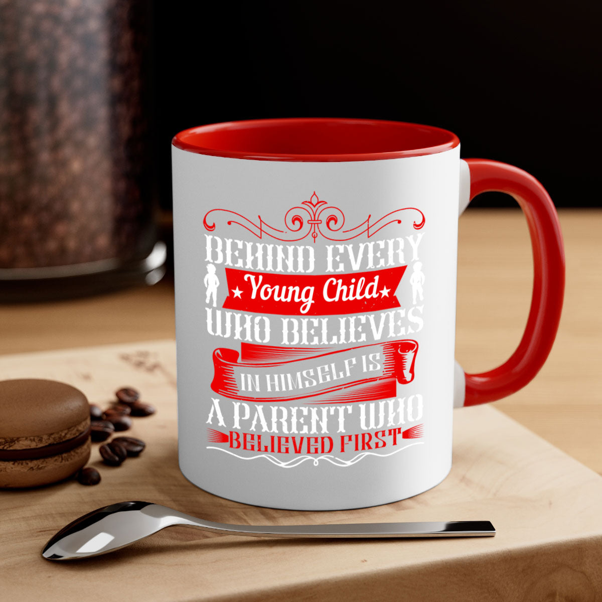 A two-tone ceramic mug featuring an inspiring quote about parenting, available in multiple colors with a glossy finish.