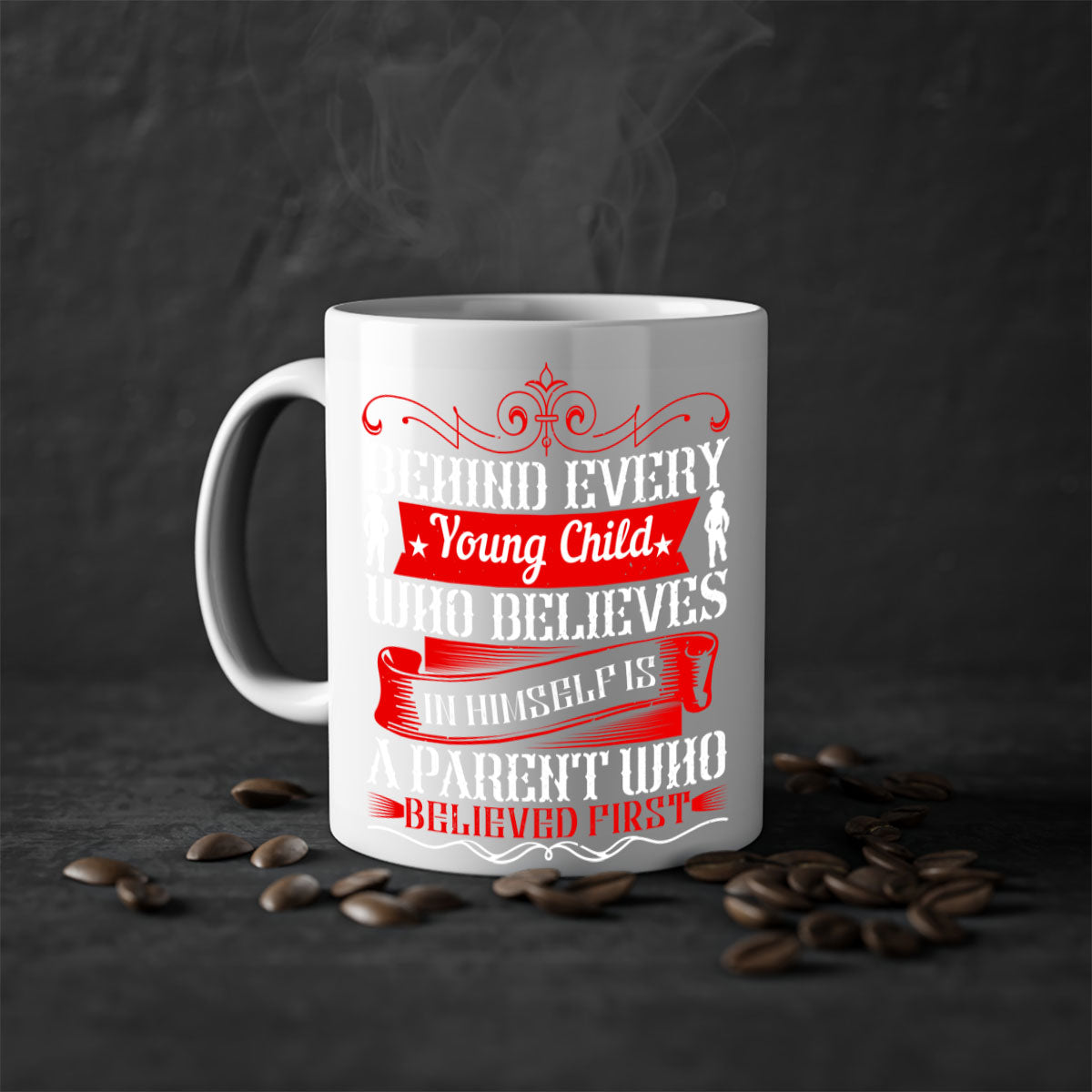 A two-tone ceramic mug featuring an inspiring quote about parenting, available in multiple colors with a glossy finish.