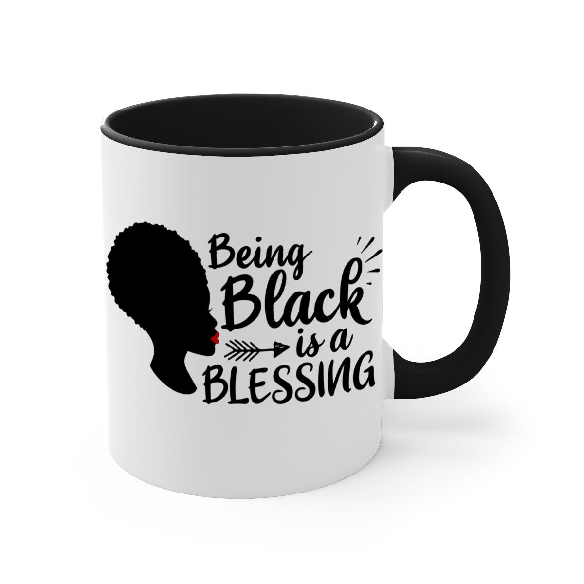 A stylish two-tone ceramic mug with the phrase 'Being Black is a Blessing', featuring a colored handle and glossy finish.