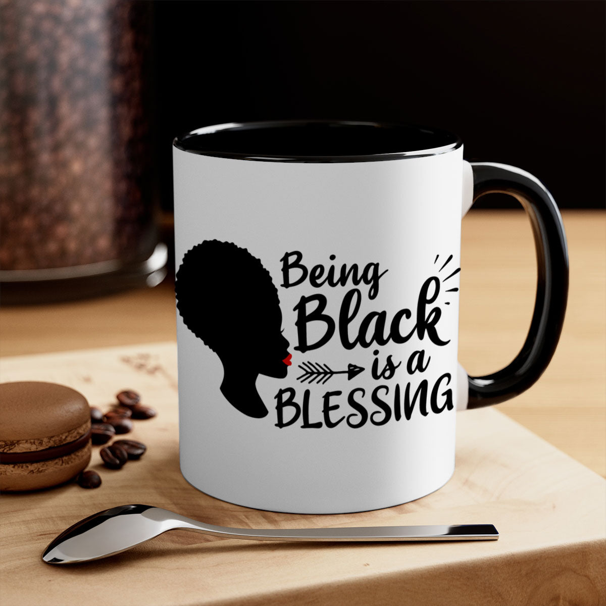A stylish two-tone ceramic mug with the phrase 'Being Black is a Blessing', featuring a colored handle and glossy finish.