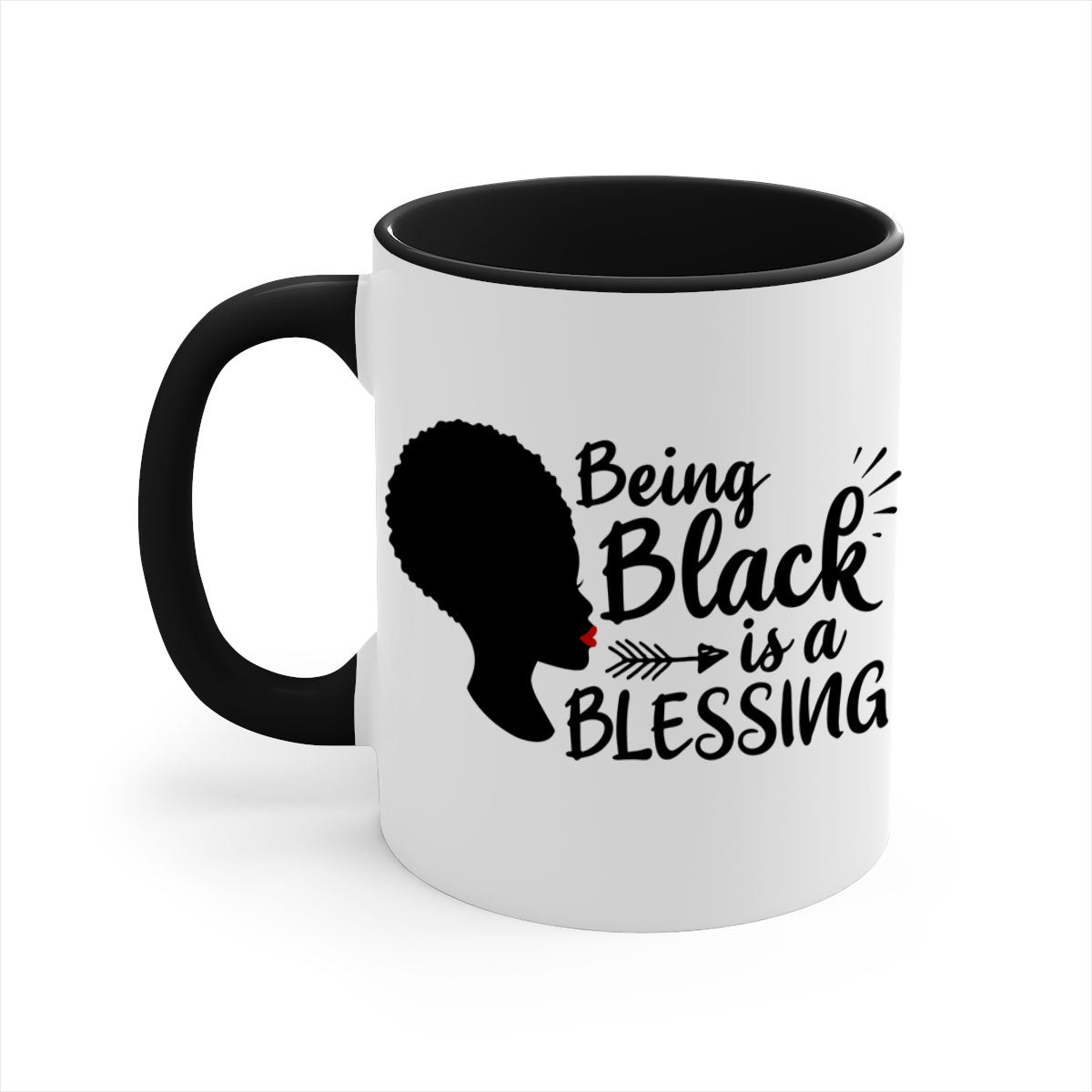 A stylish two-tone ceramic mug with the phrase 'Being Black is a Blessing', featuring a colored handle and glossy finish.