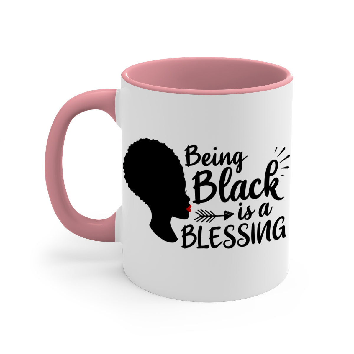 A stylish two-tone ceramic mug with the phrase 'Being Black is a Blessing', featuring a colored handle and glossy finish.