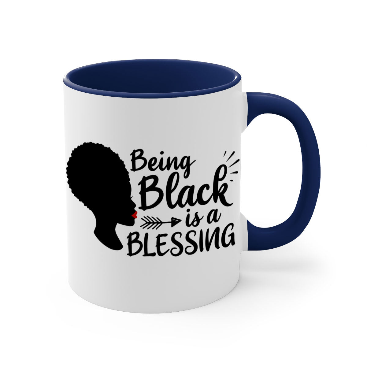 A stylish two-tone ceramic mug with the phrase 'Being Black is a Blessing', featuring a colored handle and glossy finish.