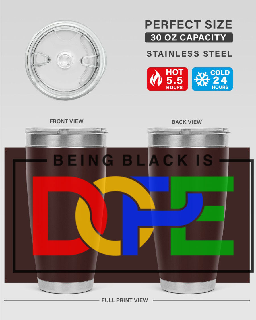 A stylish black cotton tank top featuring the phrase 'Being Black is Dope' in bold lettering, perfect for casual wear.