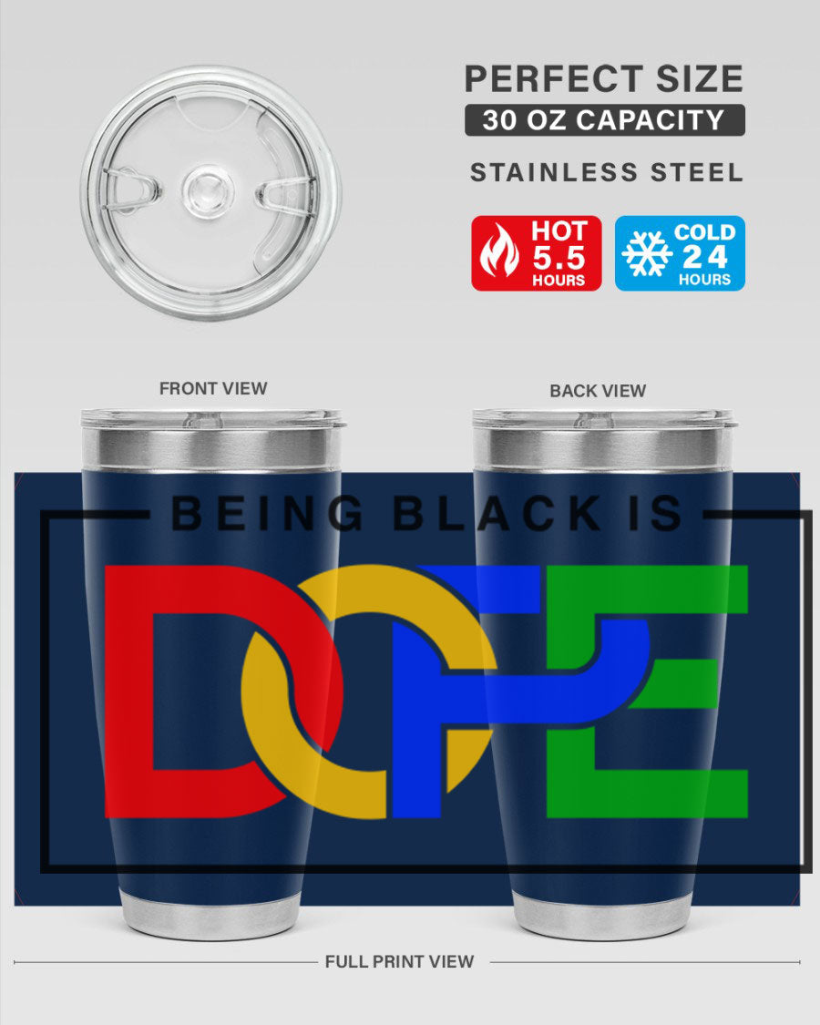 A stylish black cotton tank top featuring the phrase 'Being Black is Dope' in bold lettering, perfect for casual wear.