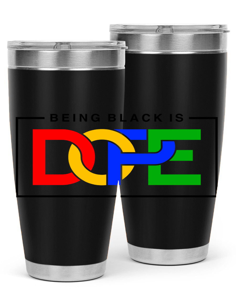 A stylish black cotton tank top featuring the phrase 'Being Black is Dope' in bold lettering, perfect for casual wear.