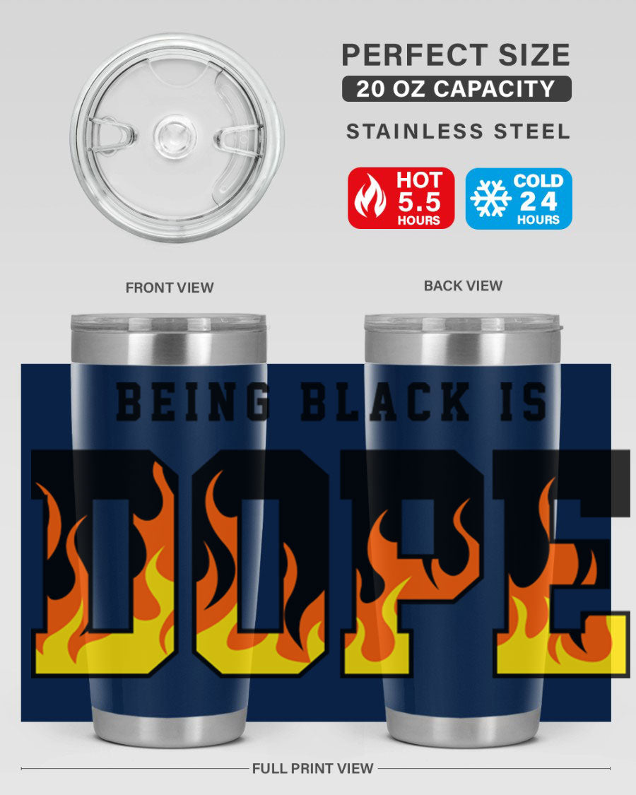 A stylish black cotton tank top featuring the phrase 'Being Black is Dope' surrounded by vibrant flames, perfect for casual wear.