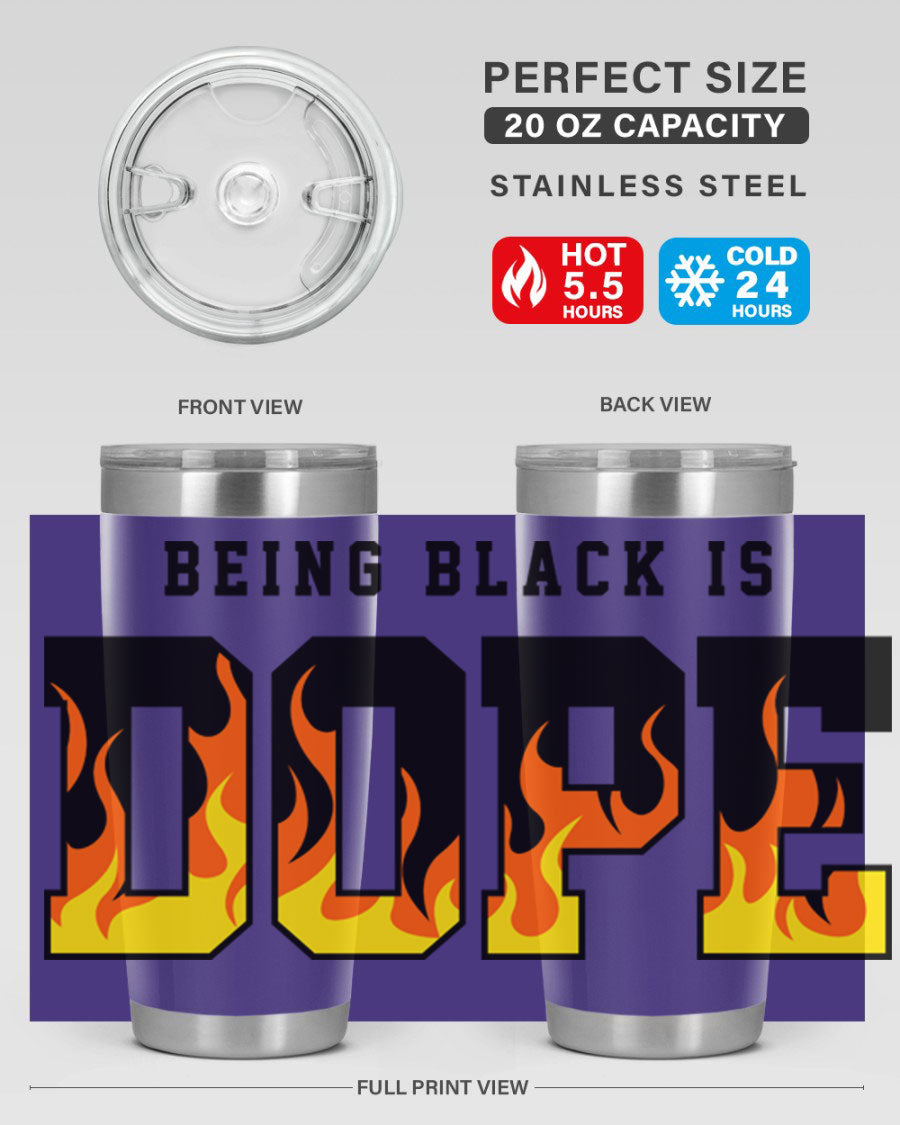 A stylish black cotton tank top featuring the phrase 'Being Black is Dope' surrounded by vibrant flames, perfect for casual wear.