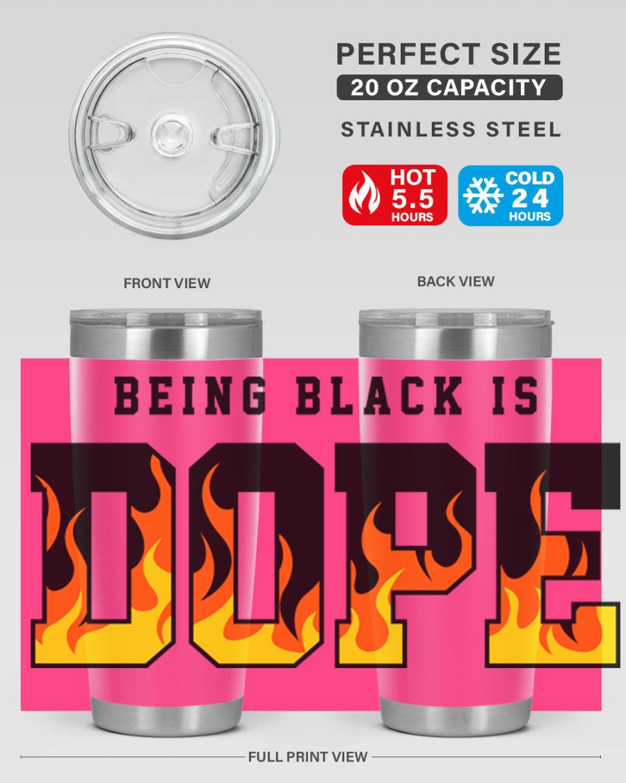 A stylish black cotton tank top featuring the phrase 'Being Black is Dope' surrounded by vibrant flames, perfect for casual wear.