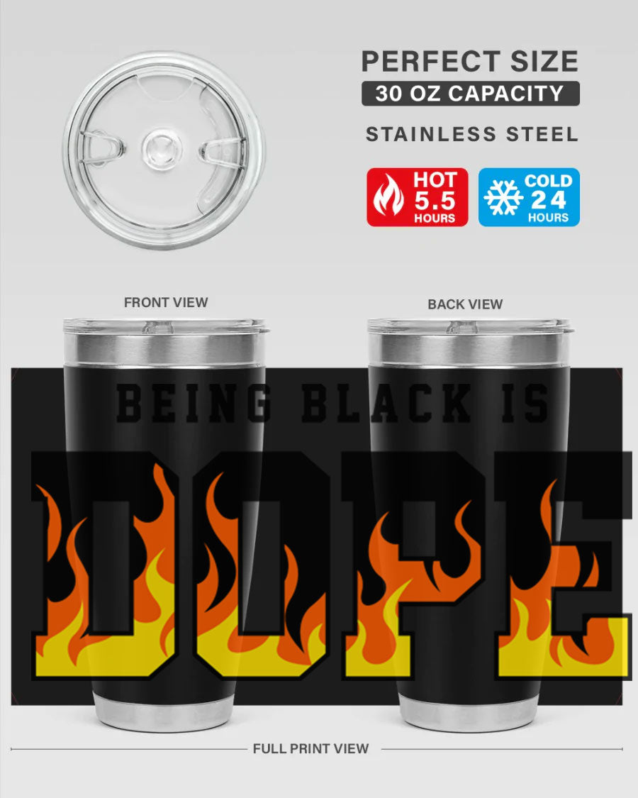 A stylish black cotton tank top featuring the phrase 'Being Black is Dope' surrounded by vibrant flames, perfect for casual wear.