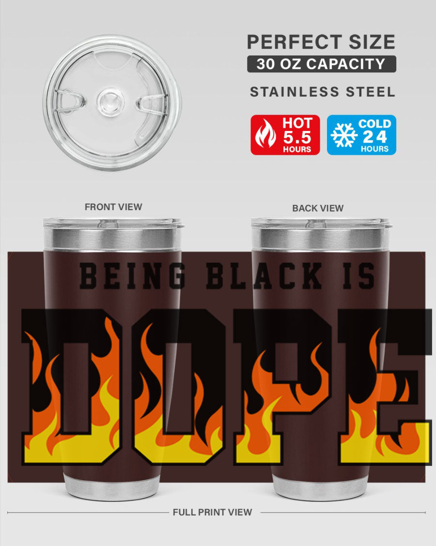 A stylish black cotton tank top featuring the phrase 'Being Black is Dope' surrounded by vibrant flames, perfect for casual wear.