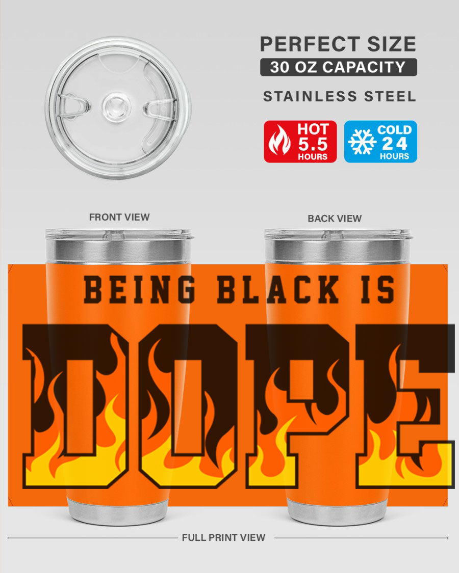 A stylish black cotton tank top featuring the phrase 'Being Black is Dope' surrounded by vibrant flames, perfect for casual wear.