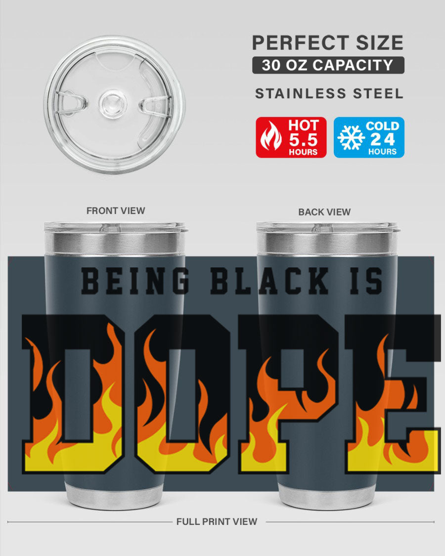 A stylish black cotton tank top featuring the phrase 'Being Black is Dope' surrounded by vibrant flames, perfect for casual wear.