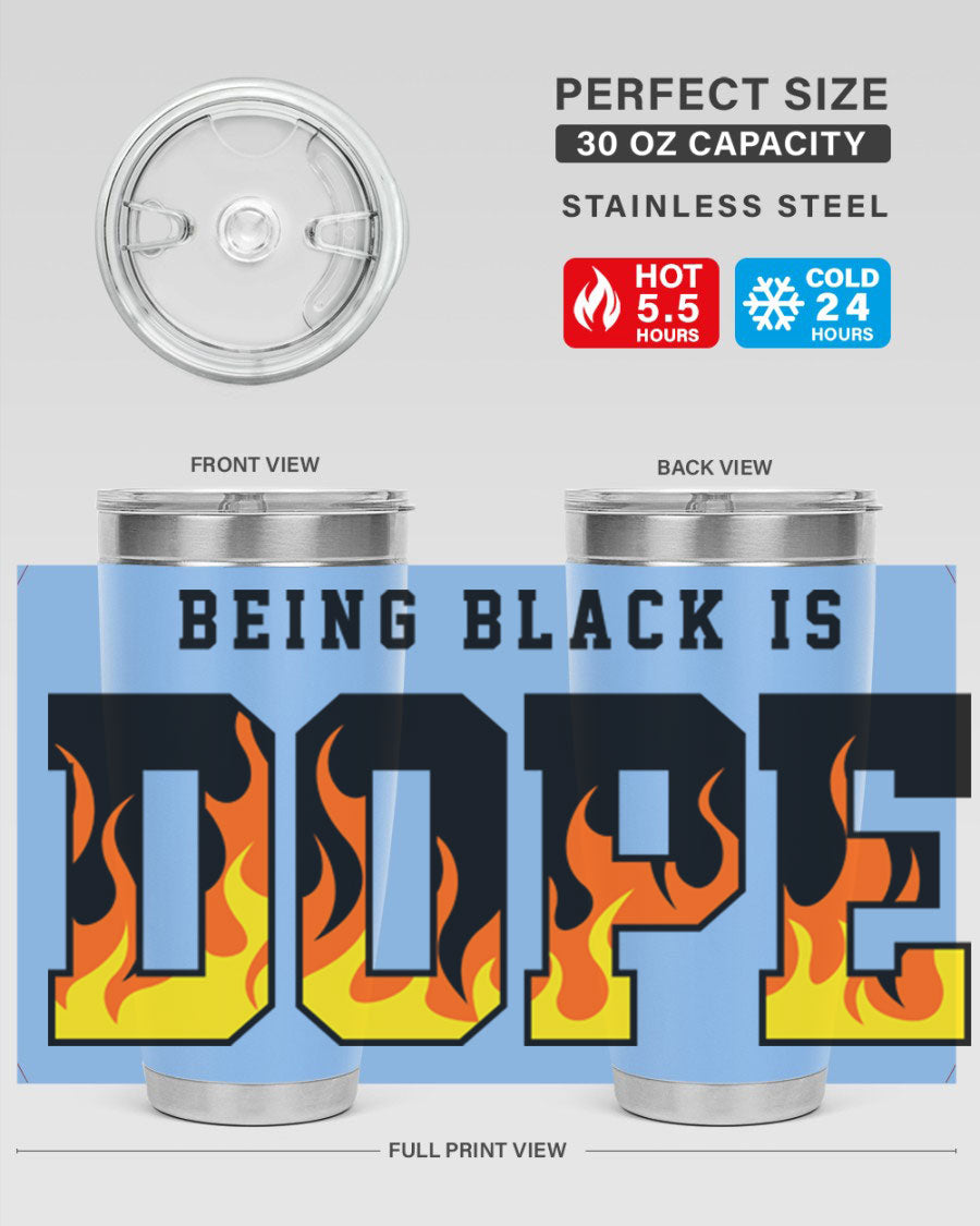 A stylish black cotton tank top featuring the phrase 'Being Black is Dope' surrounded by vibrant flames, perfect for casual wear.