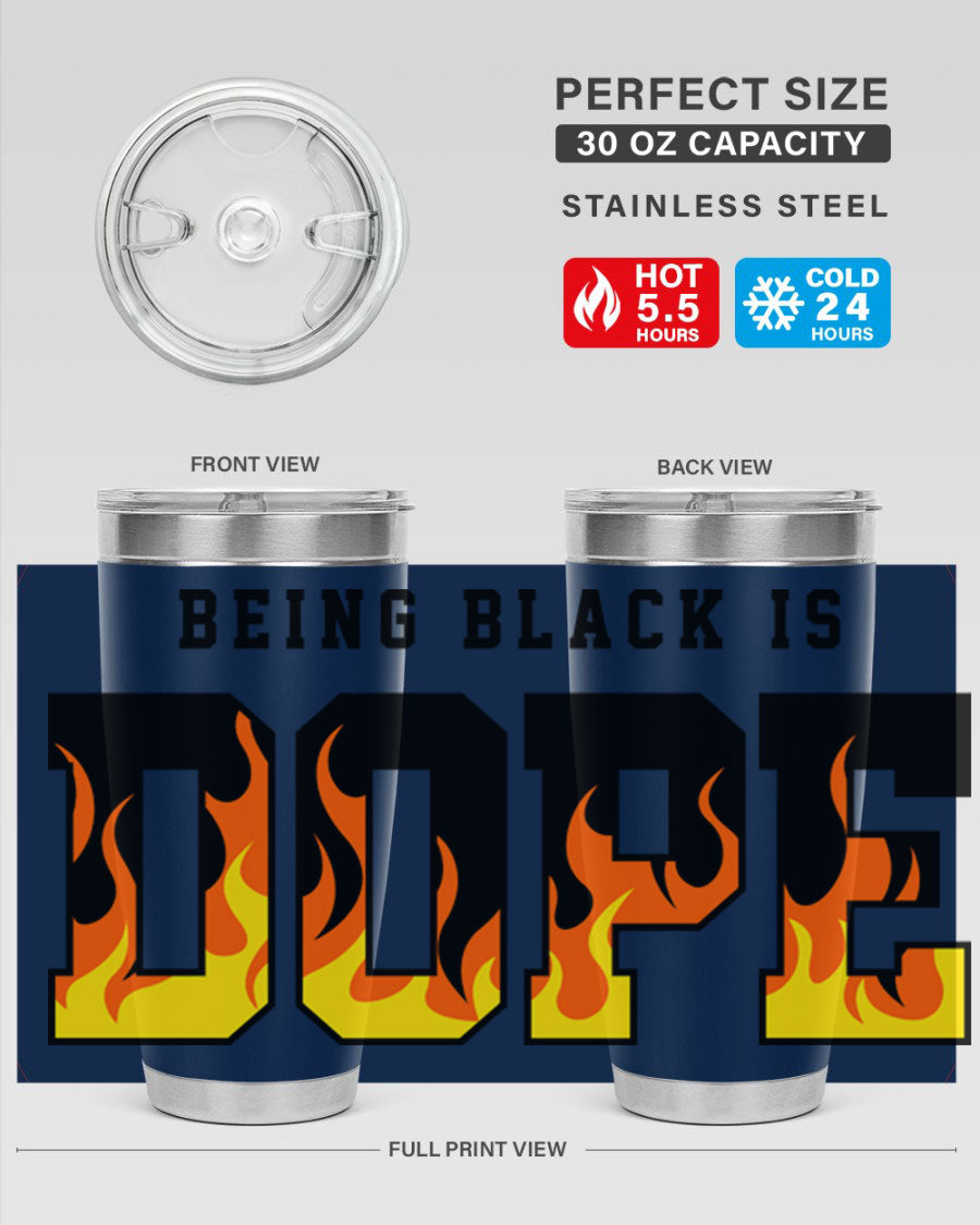 A stylish black cotton tank top featuring the phrase 'Being Black is Dope' surrounded by vibrant flames, perfect for casual wear.