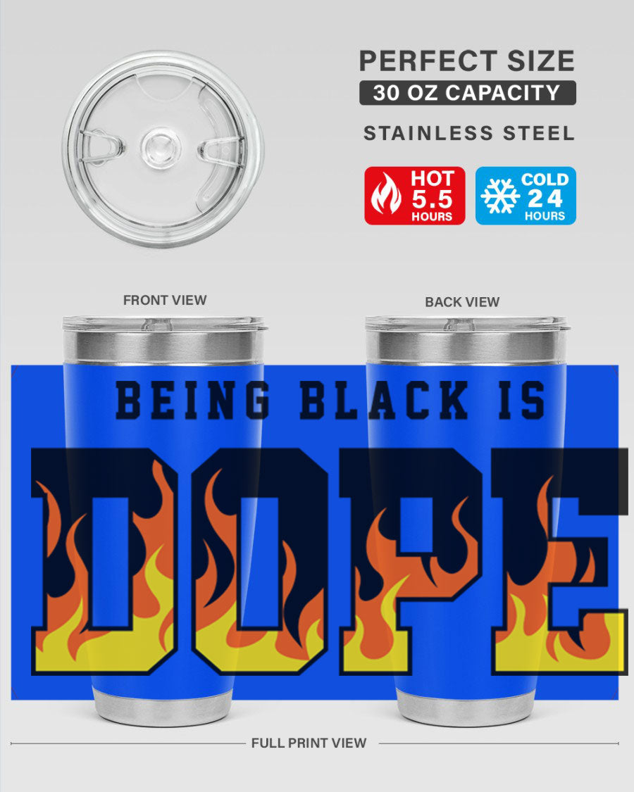 A stylish black cotton tank top featuring the phrase 'Being Black is Dope' surrounded by vibrant flames, perfect for casual wear.