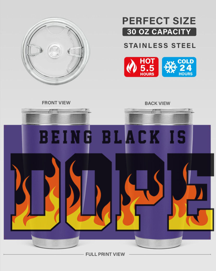 A stylish black cotton tank top featuring the phrase 'Being Black is Dope' surrounded by vibrant flames, perfect for casual wear.