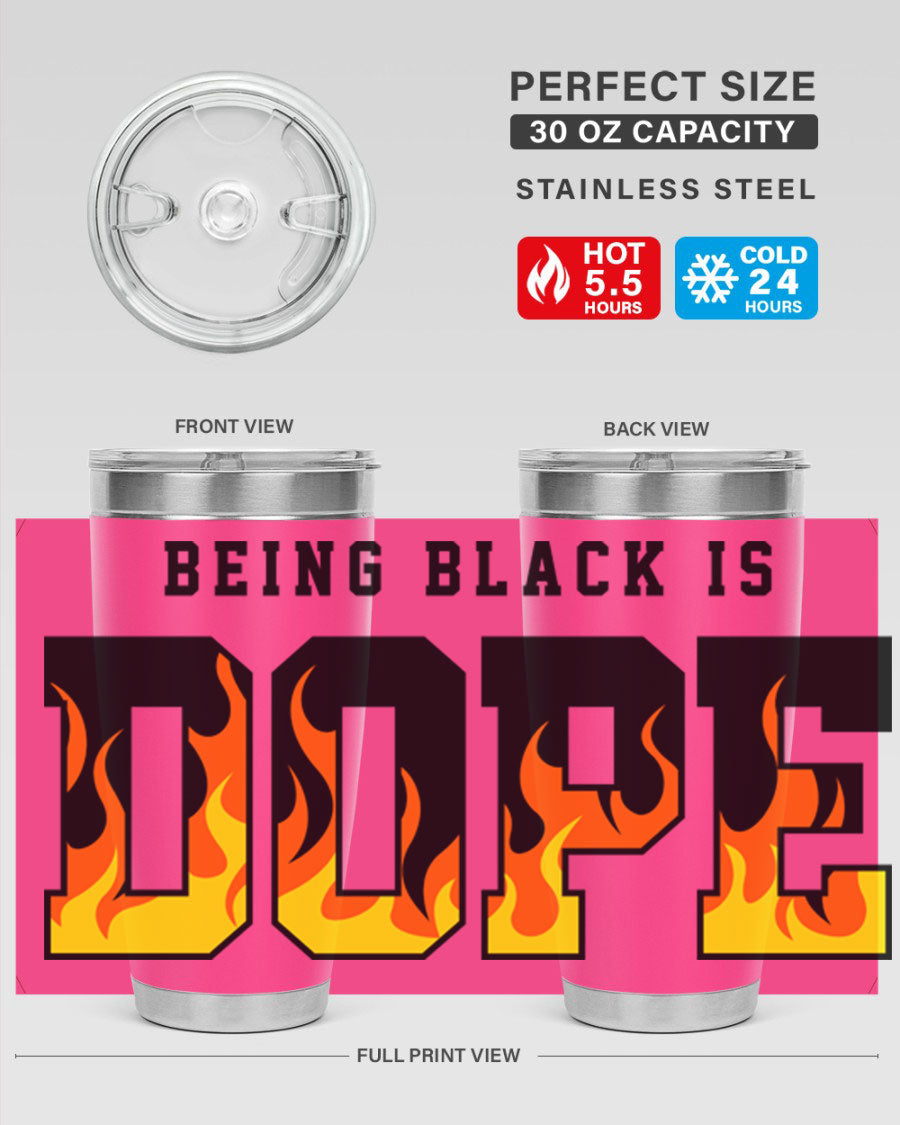 A stylish black cotton tank top featuring the phrase 'Being Black is Dope' surrounded by vibrant flames, perfect for casual wear.