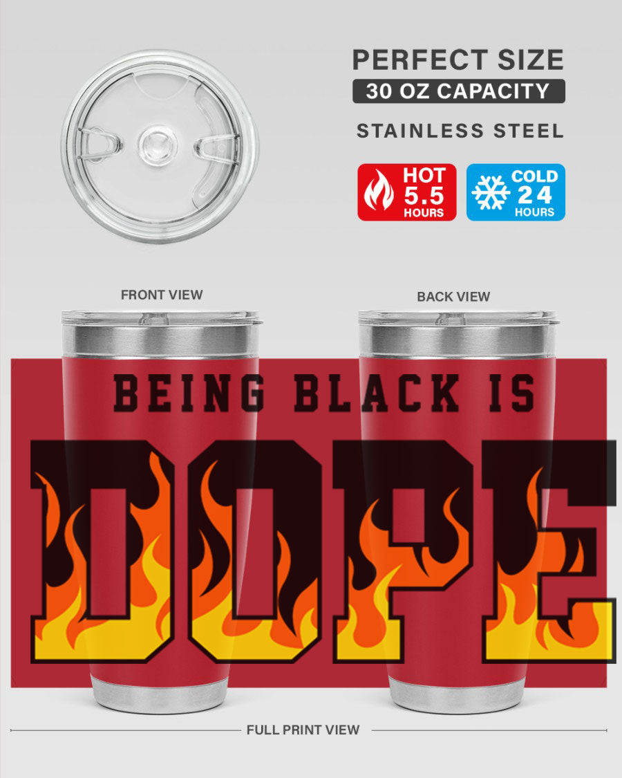 A stylish black cotton tank top featuring the phrase 'Being Black is Dope' surrounded by vibrant flames, perfect for casual wear.