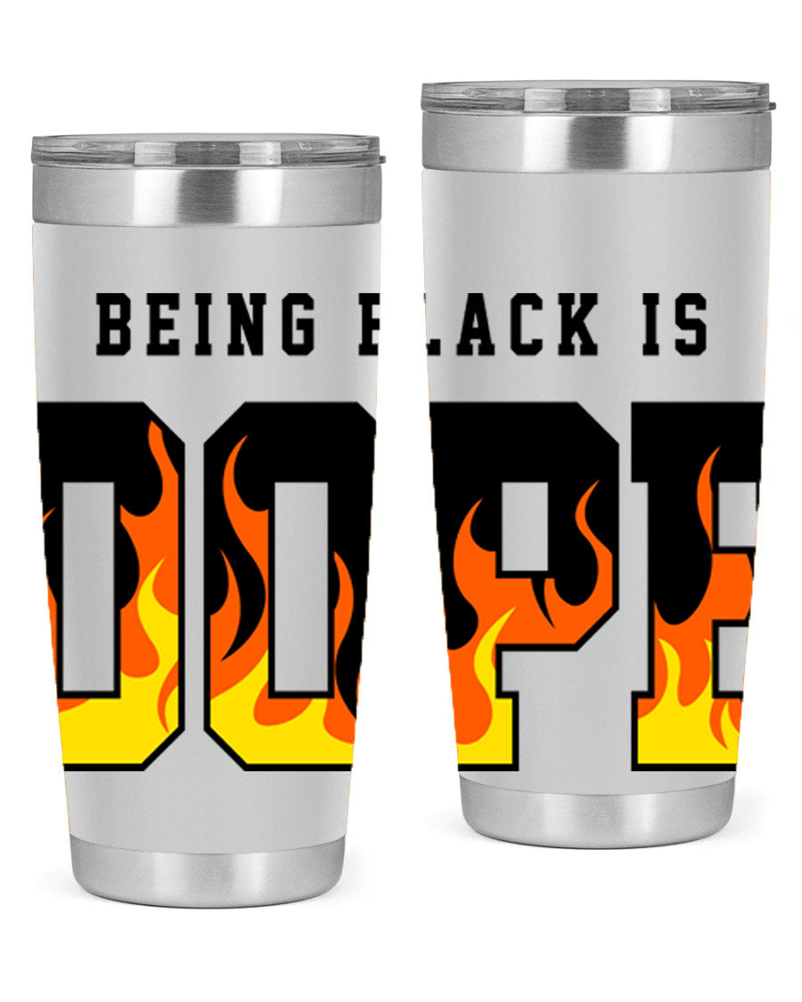 A stylish black cotton tank top featuring the phrase 'Being Black is Dope' surrounded by vibrant flames, perfect for casual wear.