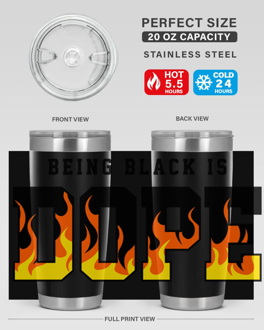 A stylish black cotton tank top featuring the phrase 'Being Black is Dope' surrounded by vibrant flames, perfect for casual wear.