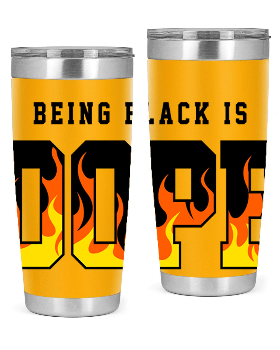 A stylish black cotton tank top featuring the phrase 'Being Black is Dope' surrounded by vibrant flames, perfect for casual wear.