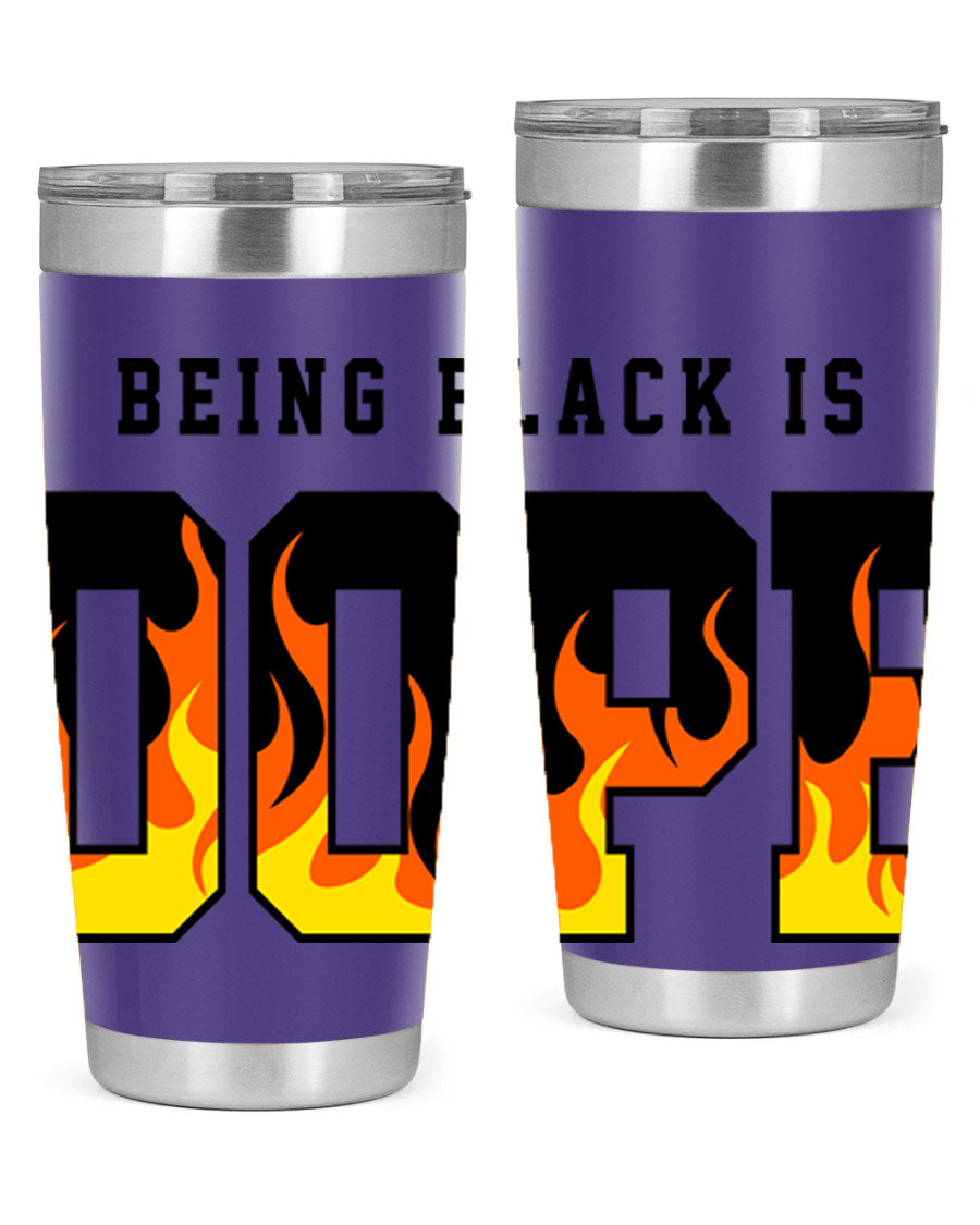 A stylish black cotton tank top featuring the phrase 'Being Black is Dope' surrounded by vibrant flames, perfect for casual wear.