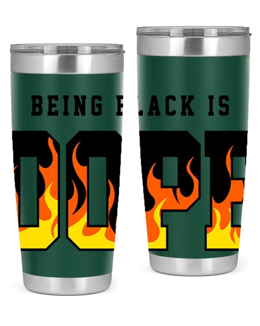 A stylish black cotton tank top featuring the phrase 'Being Black is Dope' surrounded by vibrant flames, perfect for casual wear.