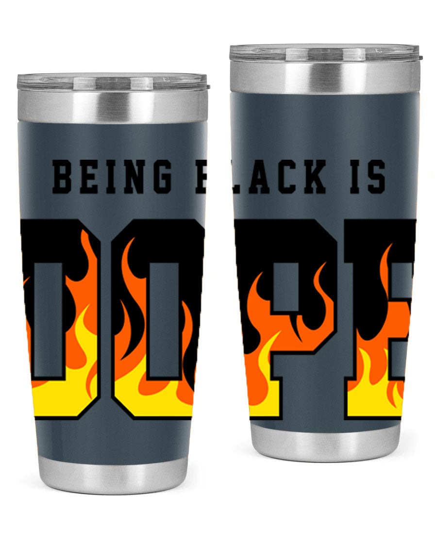 A stylish black cotton tank top featuring the phrase 'Being Black is Dope' surrounded by vibrant flames, perfect for casual wear.