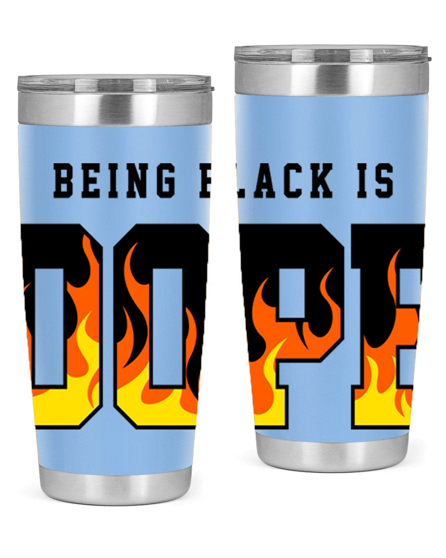 A stylish black cotton tank top featuring the phrase 'Being Black is Dope' surrounded by vibrant flames, perfect for casual wear.