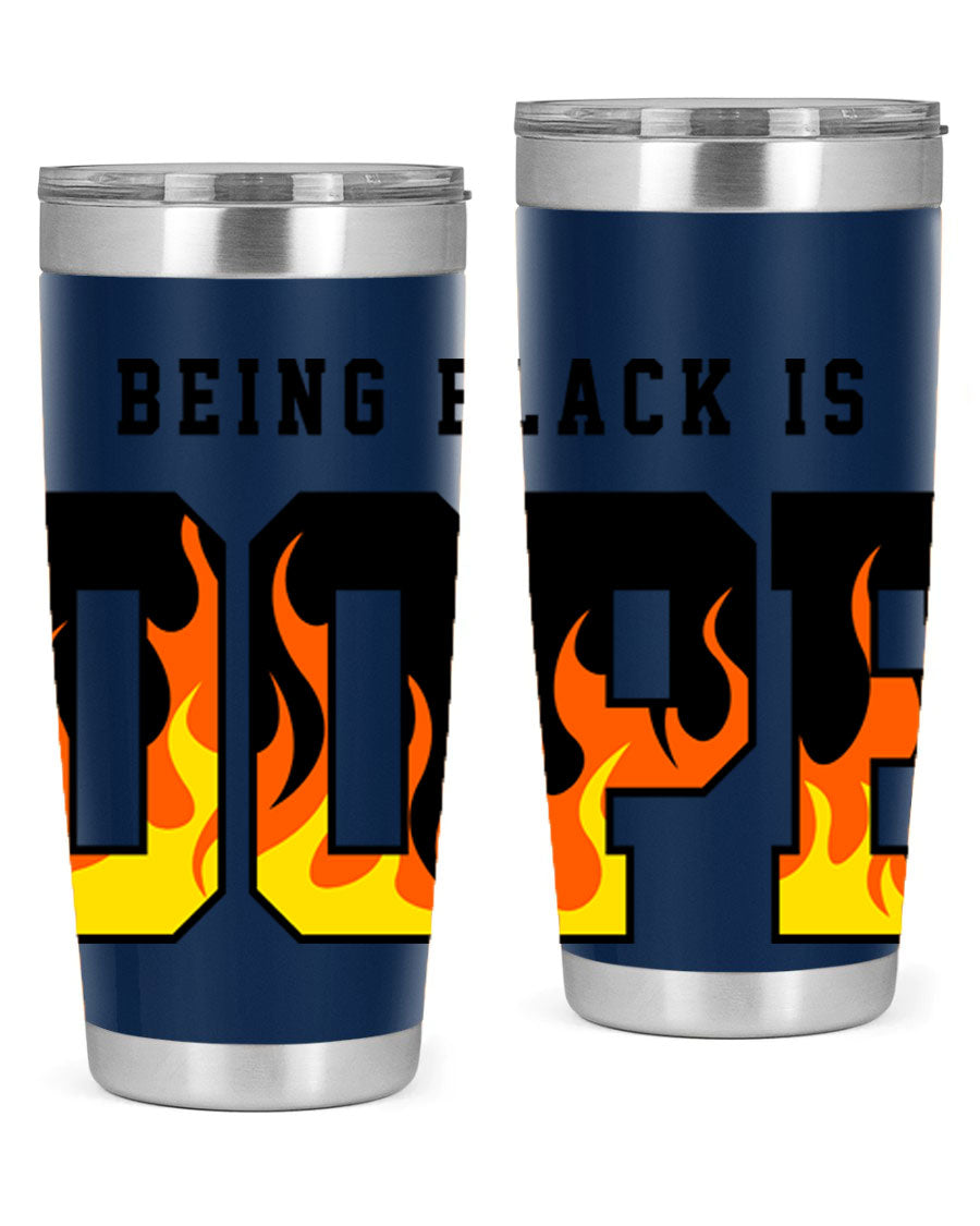 A stylish black cotton tank top featuring the phrase 'Being Black is Dope' surrounded by vibrant flames, perfect for casual wear.