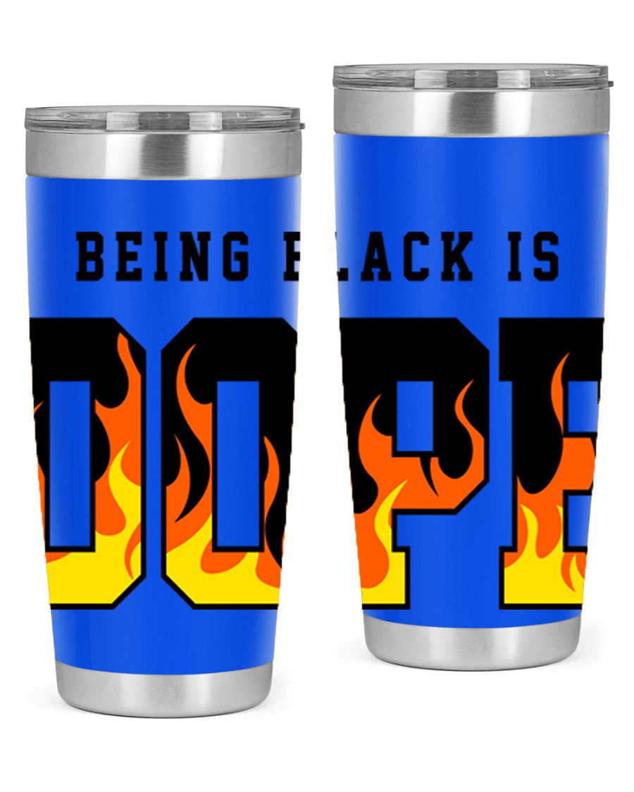 A stylish black cotton tank top featuring the phrase 'Being Black is Dope' surrounded by vibrant flames, perfect for casual wear.