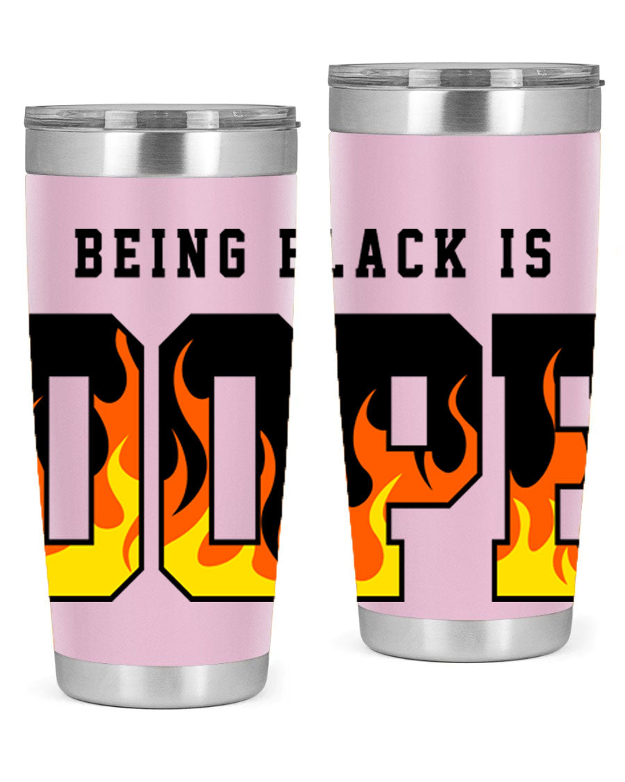 A stylish black cotton tank top featuring the phrase 'Being Black is Dope' surrounded by vibrant flames, perfect for casual wear.