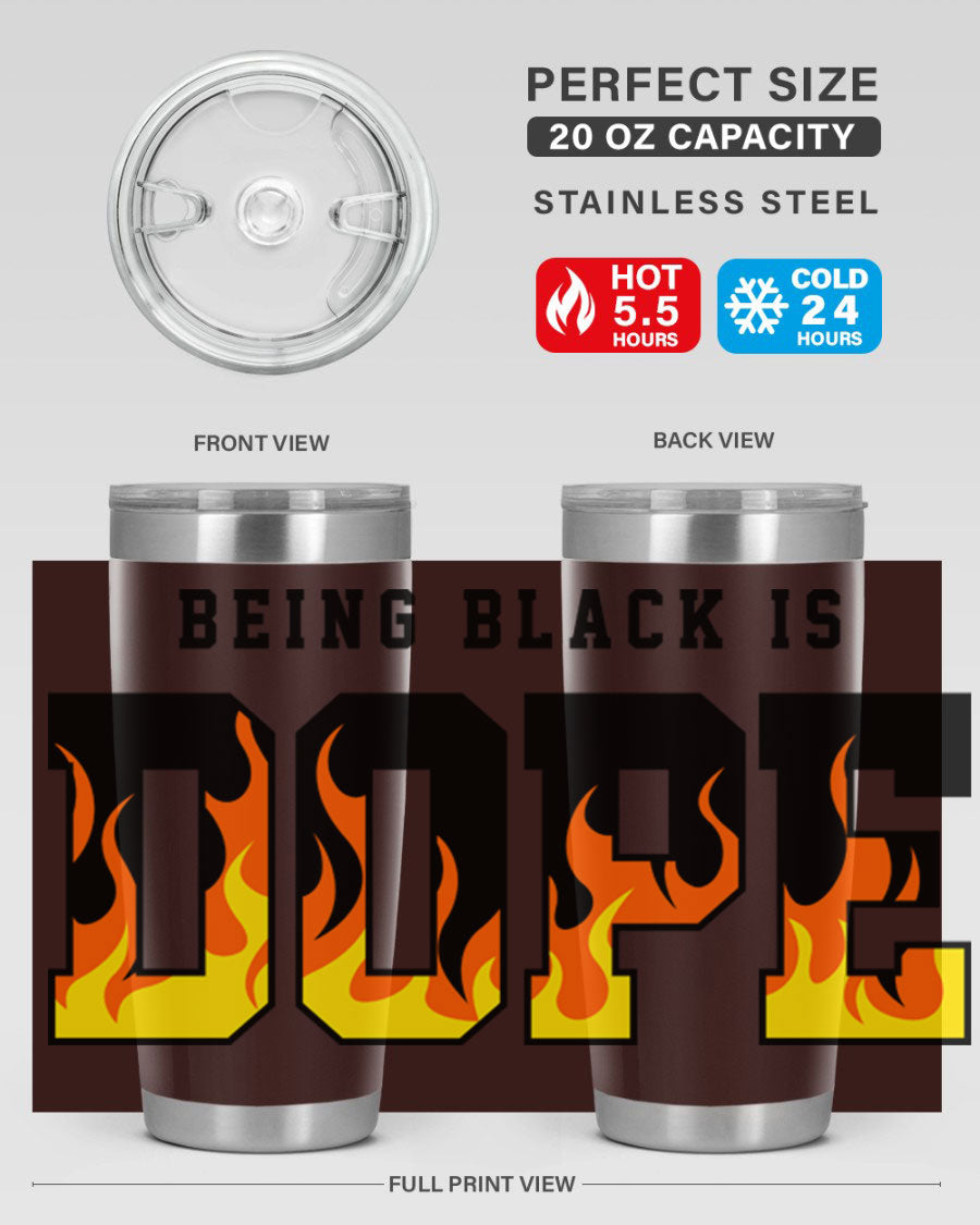 A stylish black cotton tank top featuring the phrase 'Being Black is Dope' surrounded by vibrant flames, perfect for casual wear.