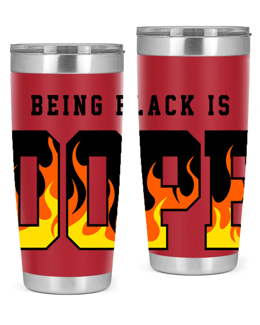 A stylish black cotton tank top featuring the phrase 'Being Black is Dope' surrounded by vibrant flames, perfect for casual wear.