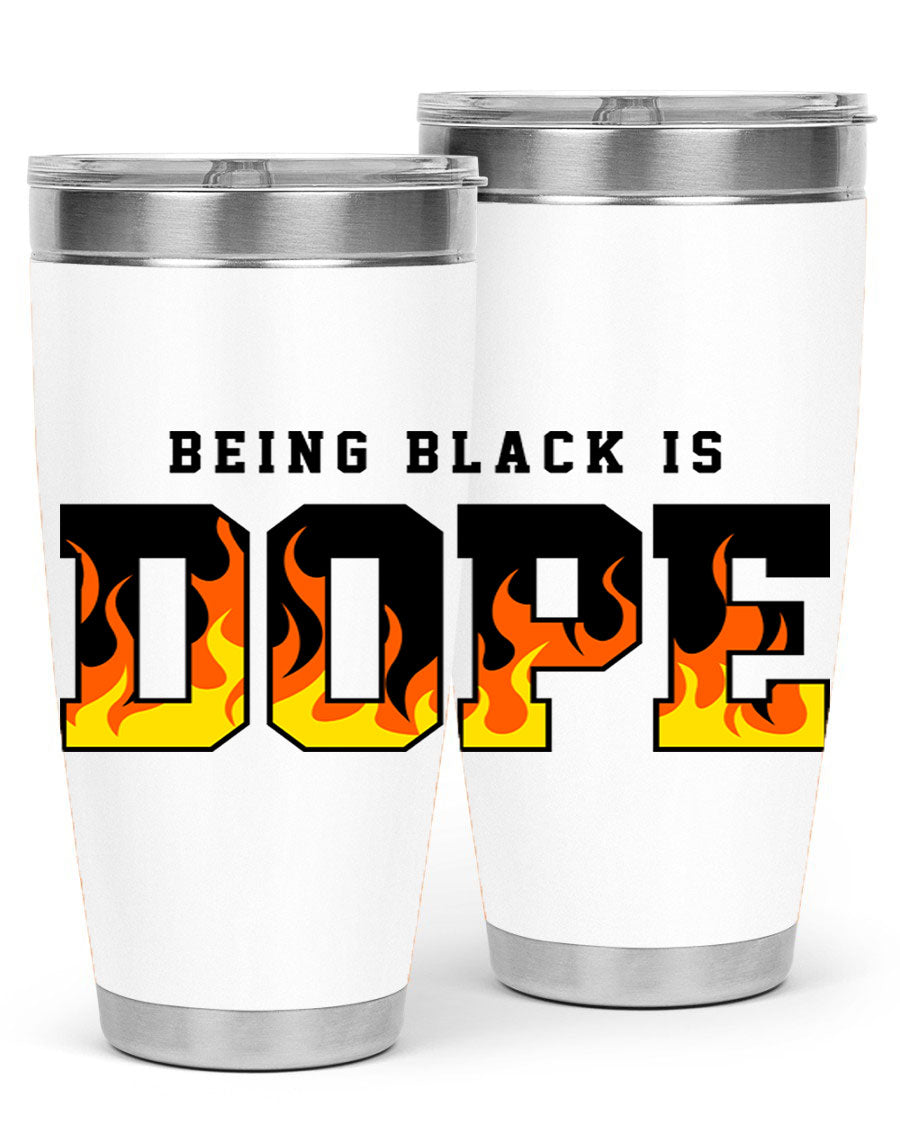 A stylish black cotton tank top featuring the phrase 'Being Black is Dope' surrounded by vibrant flames, perfect for casual wear.