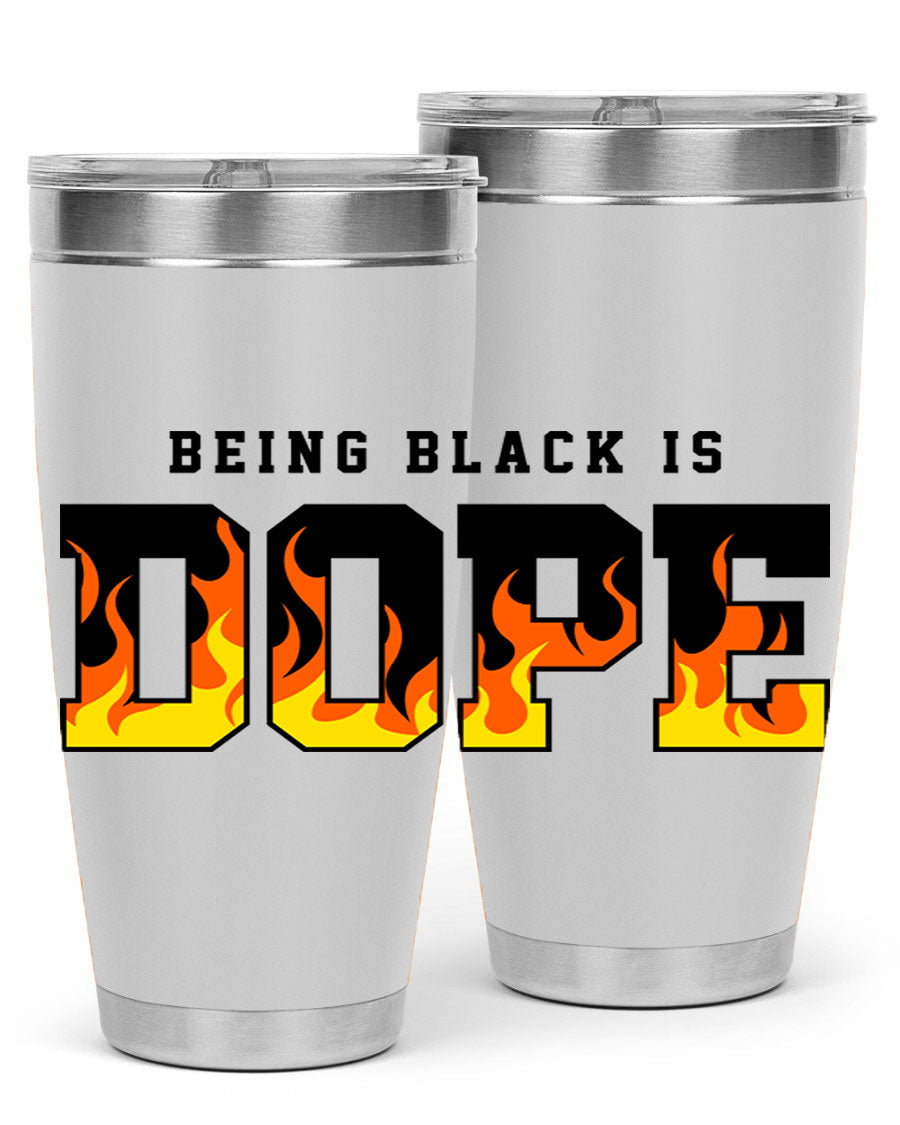 A stylish black cotton tank top featuring the phrase 'Being Black is Dope' surrounded by vibrant flames, perfect for casual wear.