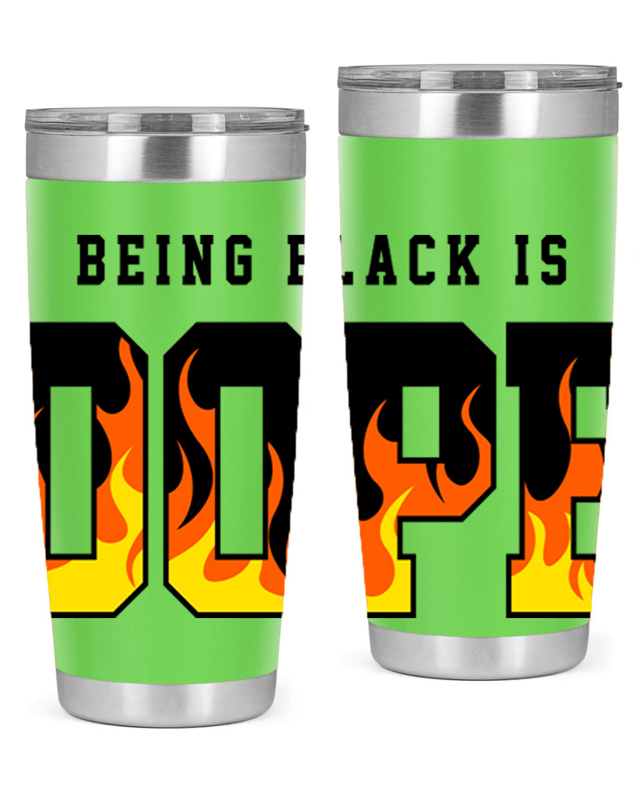 A stylish black cotton tank top featuring the phrase 'Being Black is Dope' surrounded by vibrant flames, perfect for casual wear.